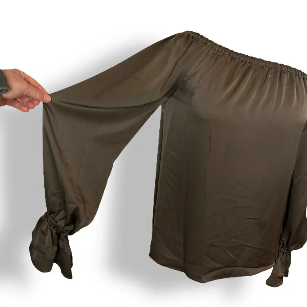Ramy Brook Off One Shoulder Murphy Top Blouse Satin Ruffle Cuff Olive Sz XS